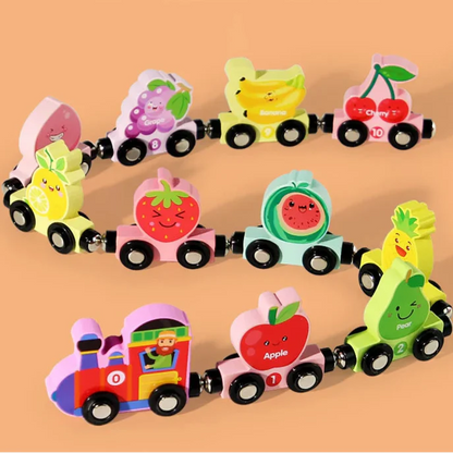 Children's wooden magnetic train set with diverse cars, promoting creative building and fine motor skills development