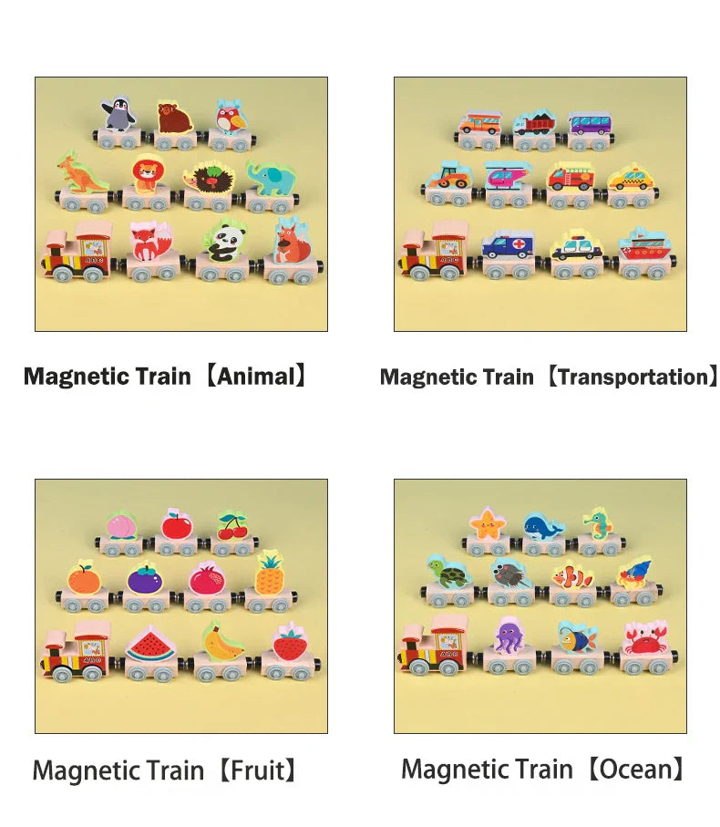 Toddler playing with an educational wooden magnetic train set, engaging in creative and preschool play