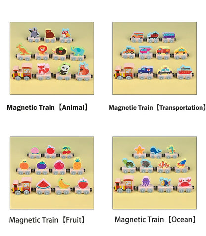 Toddler playing with an educational wooden magnetic train set, engaging in creative and preschool play