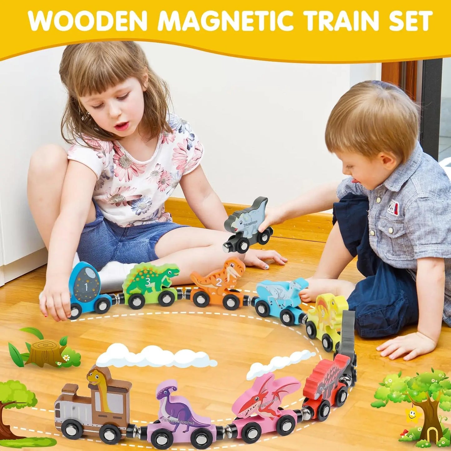 Educational wooden train toy set, magnetic connectors for easy assembly, ideal for toddler play and learning