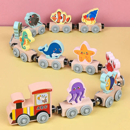 Colorful wooden magnetic train toy set for children, encouraging imaginative and creative play activity
