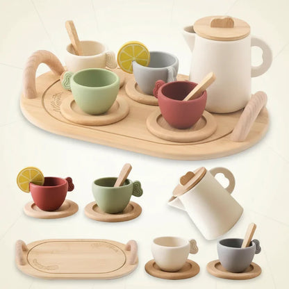 Children's wooden pretend play tea set with kettle, cups & saucers, perfect for imaginative play