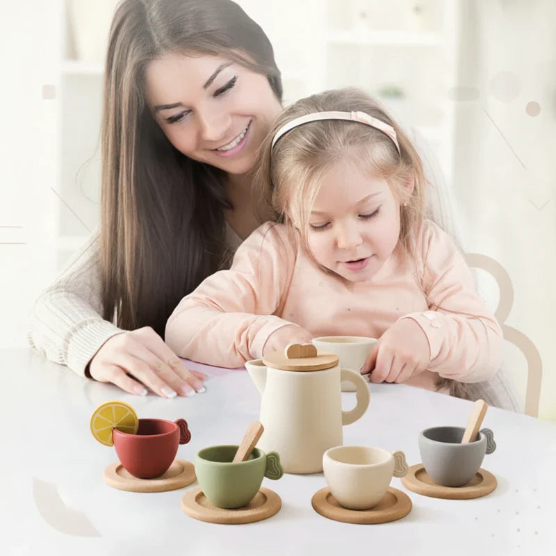 Toddler's wooden tea set, activity toy for kids kitchen, helps develop social skills