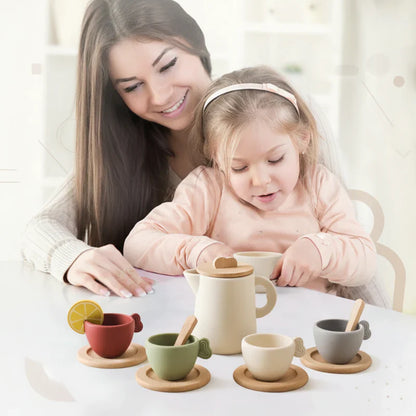 Toddler's wooden tea set, activity toy for kids kitchen, helps develop social skills