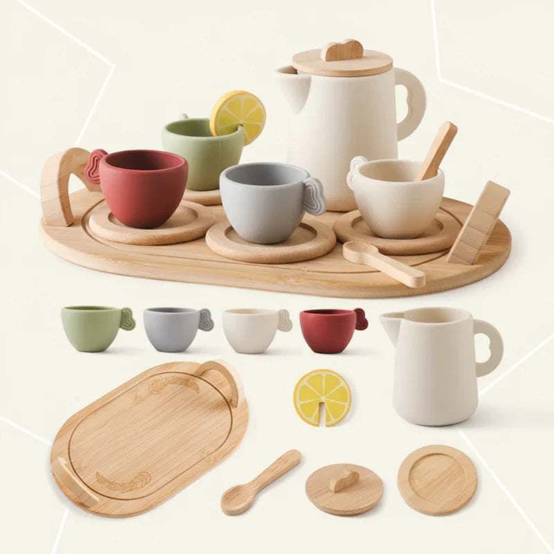 Educational wooden tea set for children, includes teapot, sugar pot, and milk jug, preschool toy