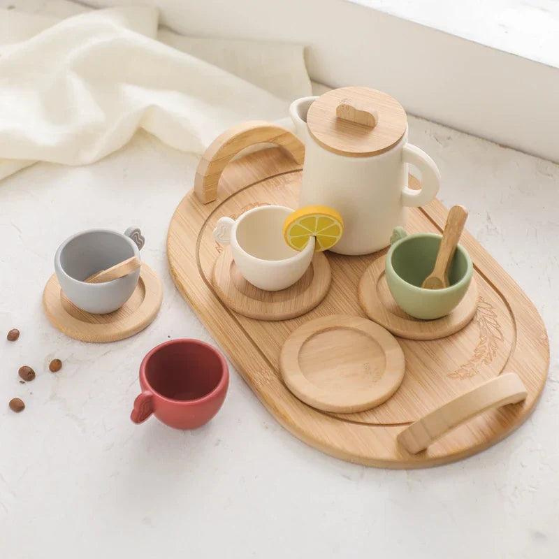Kids' wooden pretend play tea party set, durable and safe activity toy for young children