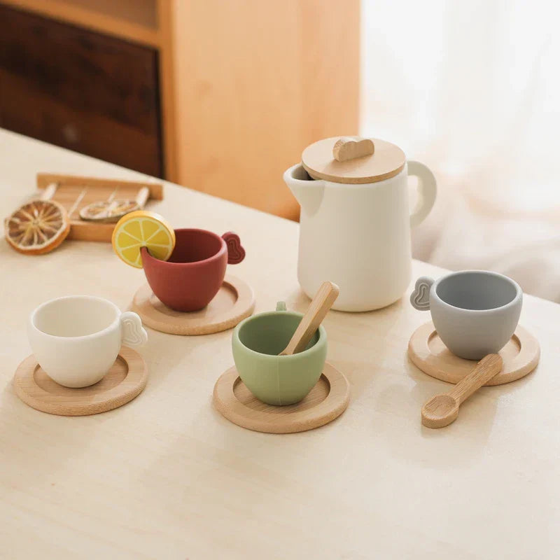 Close-up of a wooden tea cup from the children's pretend play tea set, natural wood finish