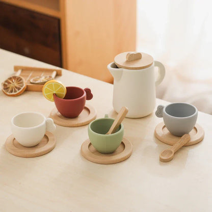 Close-up of a wooden tea cup from the children's pretend play tea set, natural wood finish