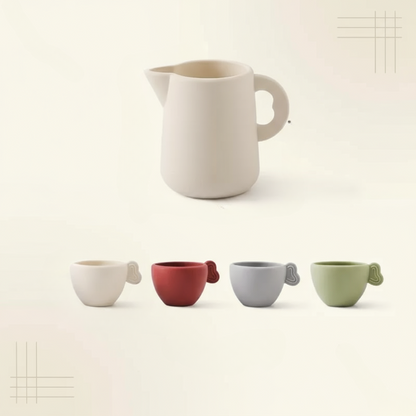 Complete children's wooden tea set, ideal for imaginative pretend play in a playroom or kids kitchen