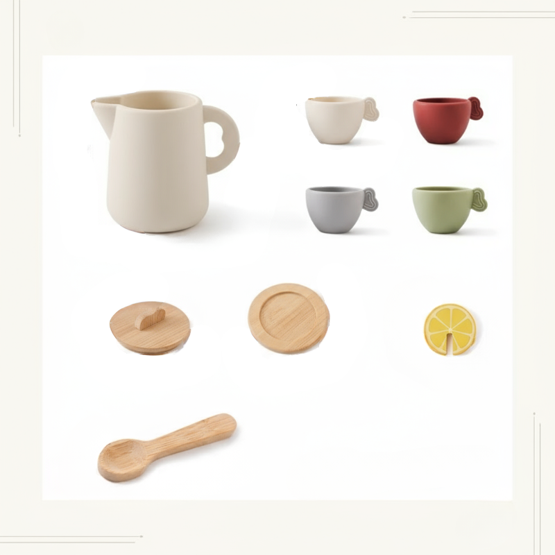 Colorful wooden tea set for pretend play, activity toy enhancing creativity in toddlers and kids