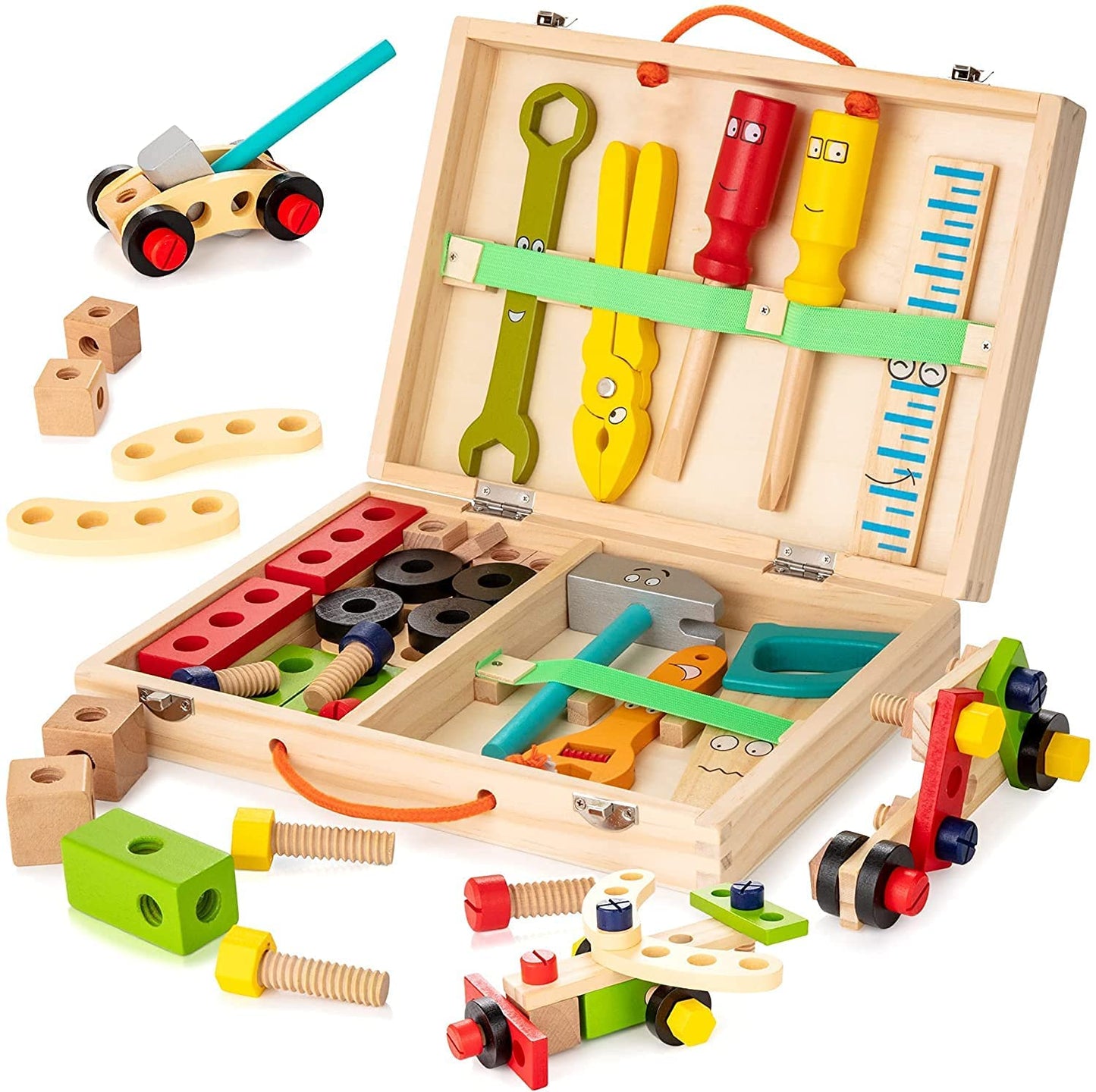 Children's wooden toolkit with hammer, screwdriver, and wrench engaging creative play.