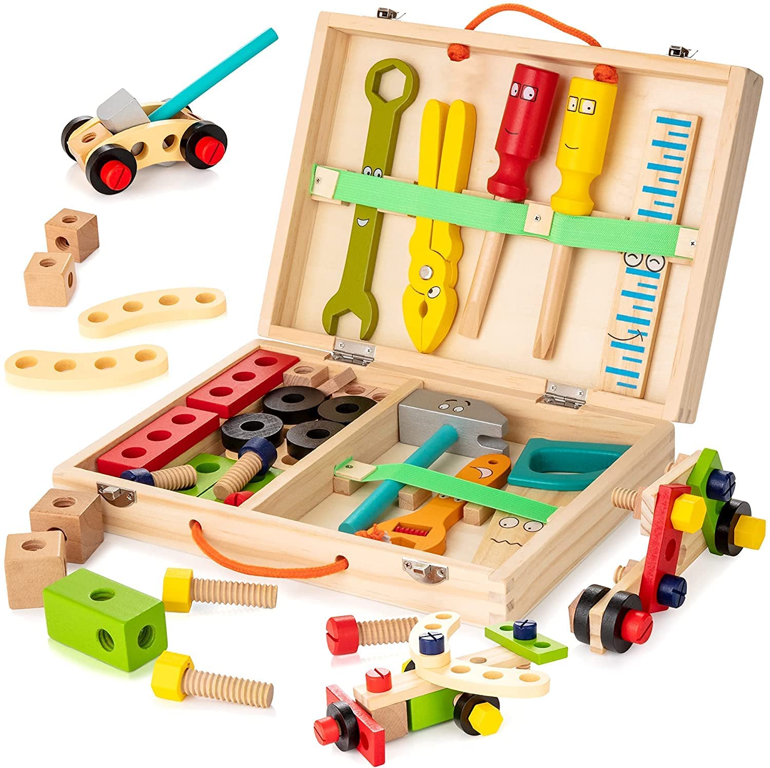 Children's wooden toolkit with hammer, screwdriver, and wrench engaging creative play.