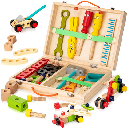 Children's wooden toolkit with hammer, screwdriver, and wrench engaging creative play.