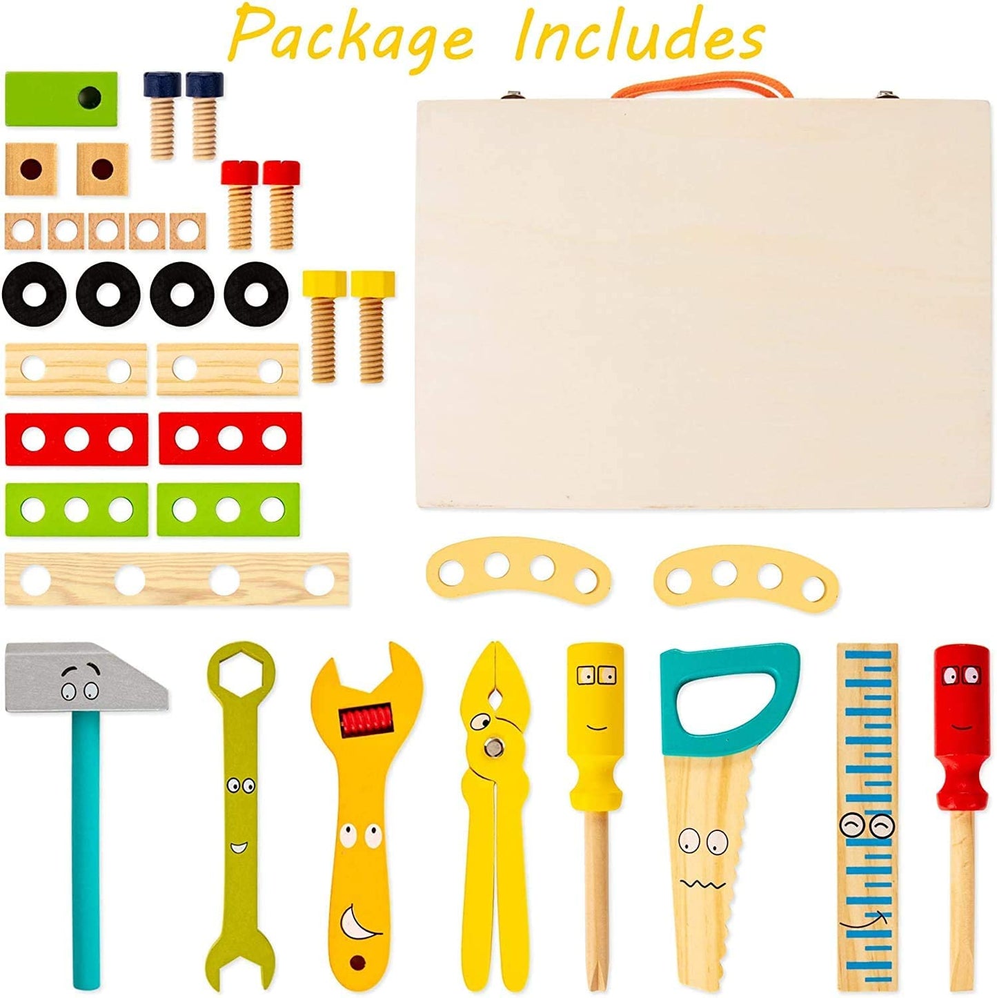 Preschooler assembling wooden blocks with educational toy tools for developmental learning.