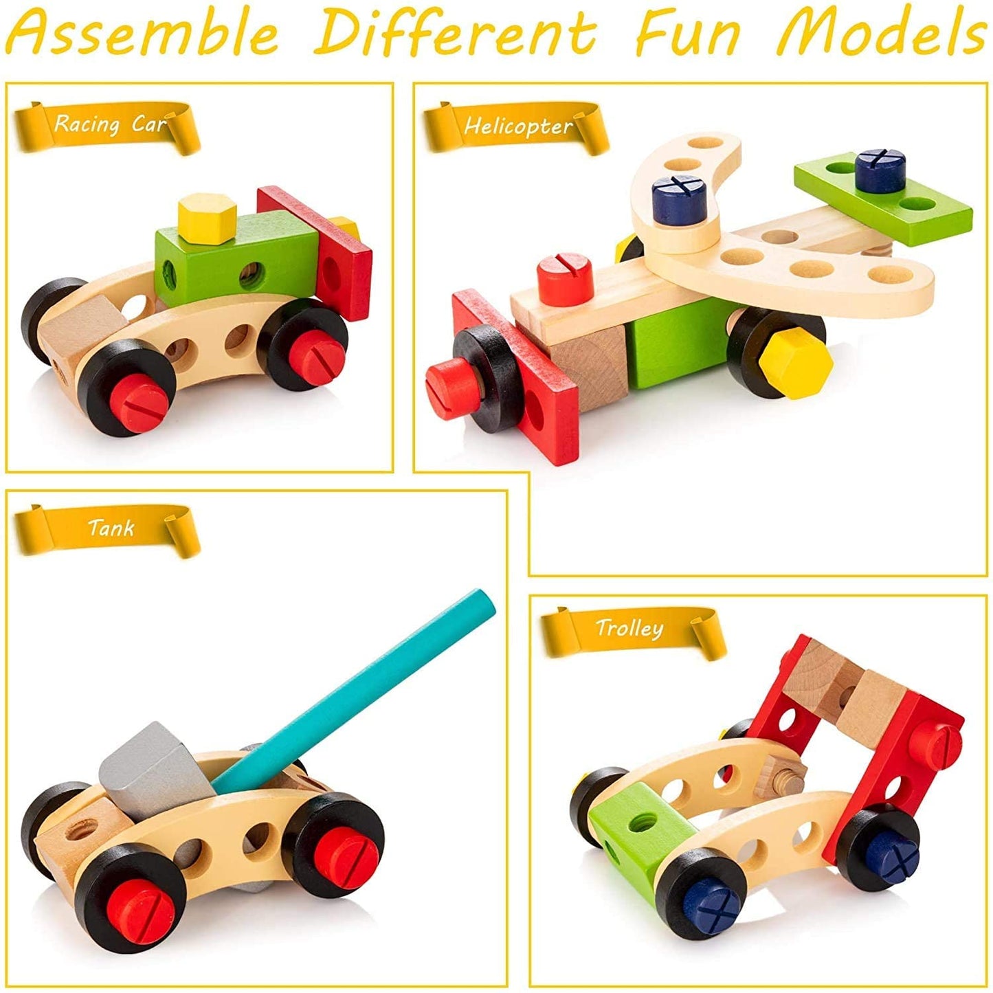 Wooden educational toolkit for kids, featuring various tools for building and imaginative play.