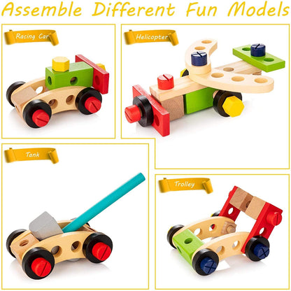 Wooden educational toolkit for kids, featuring various tools for building and imaginative play.