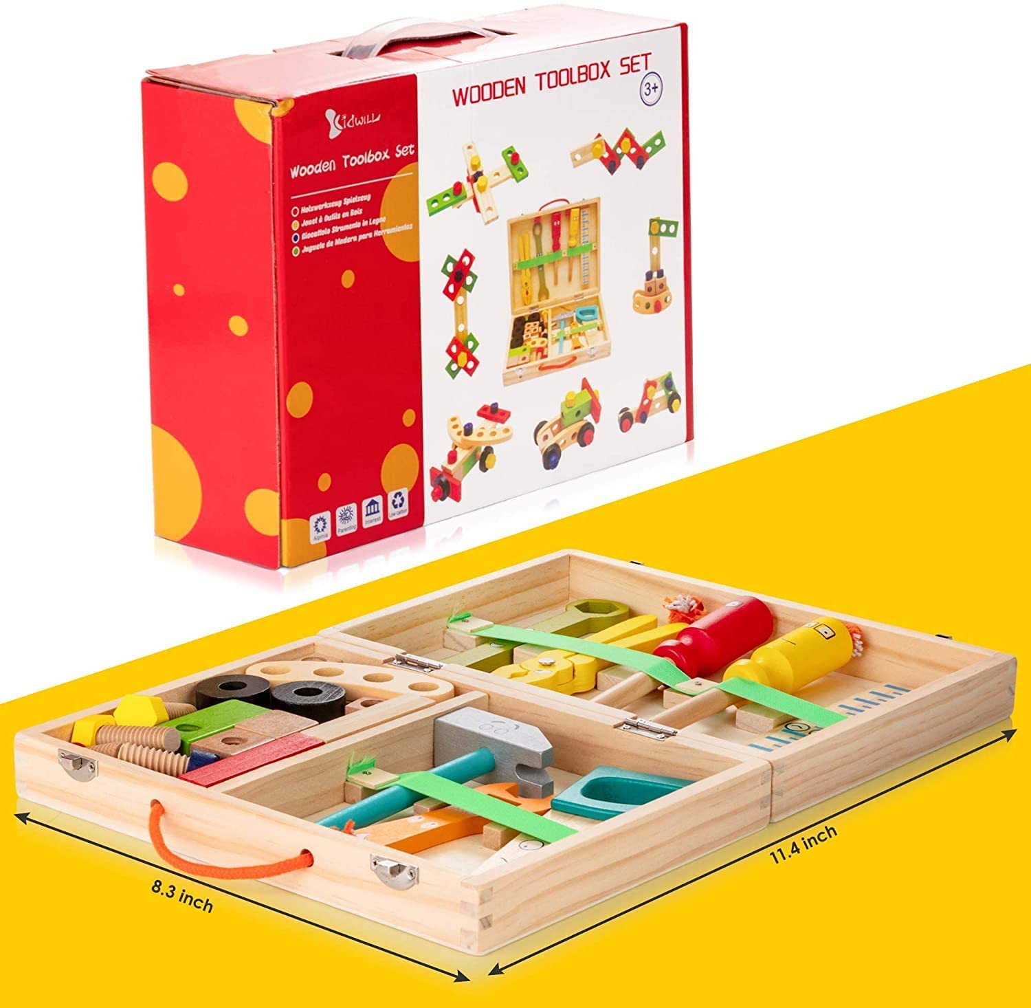 Gift-ready children's wooden tool set, perfect for hands-on creative and educational activities.