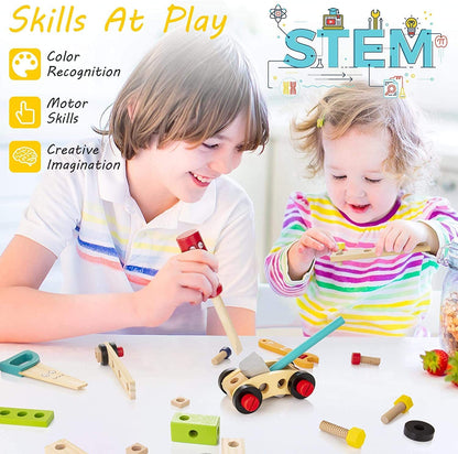 Toddler using a wooden hammer from an educational toy toolkit, fostering motor skills development.