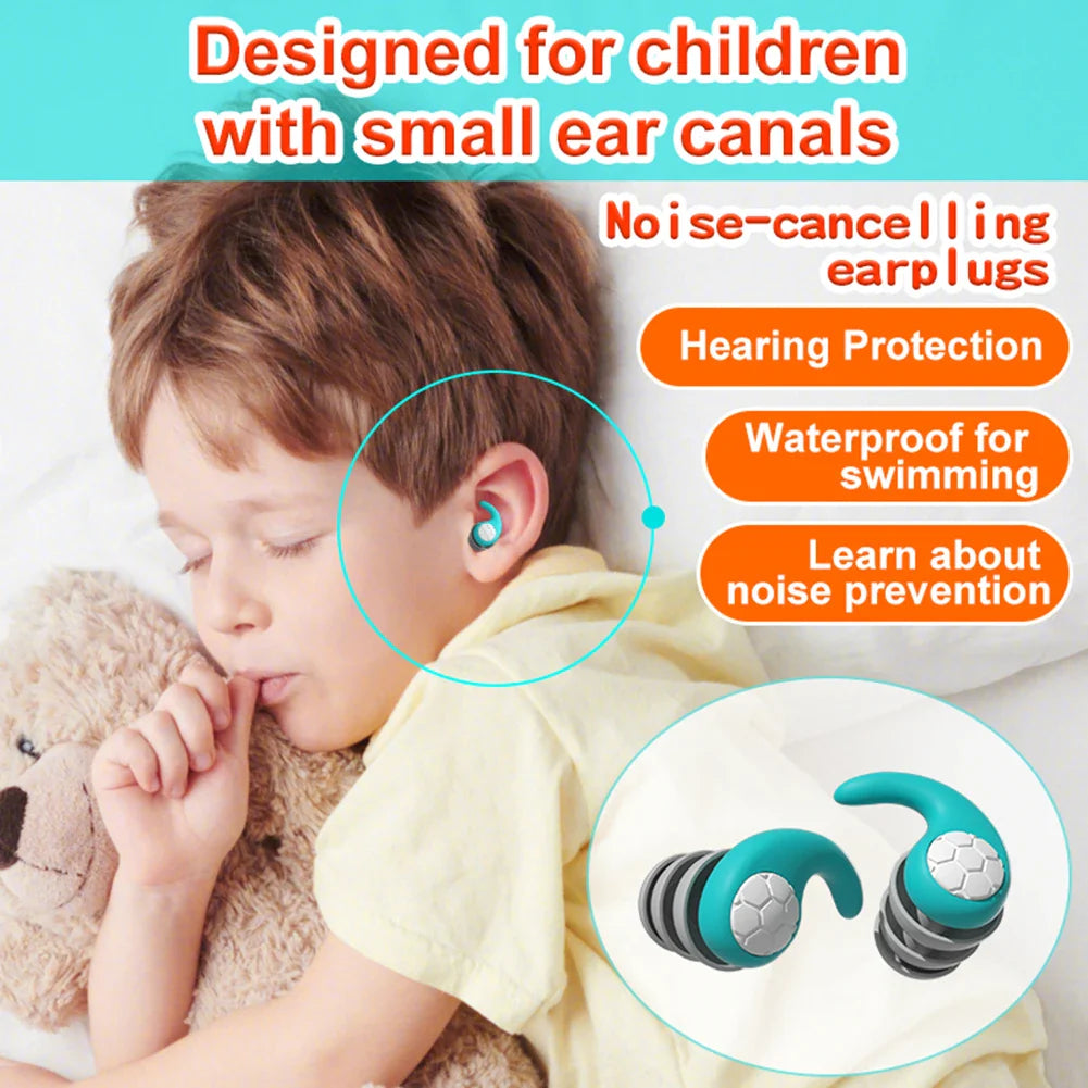 Aqua blue children's silicone earplugs, soft for noise reduction and comfortable swim