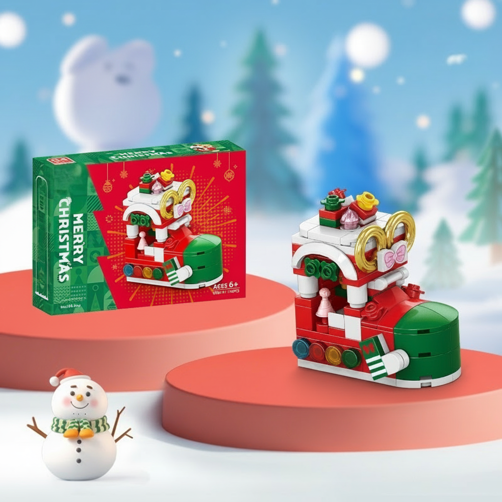 Kids playing with Christmas building blocks, creating festive ornaments & gifts