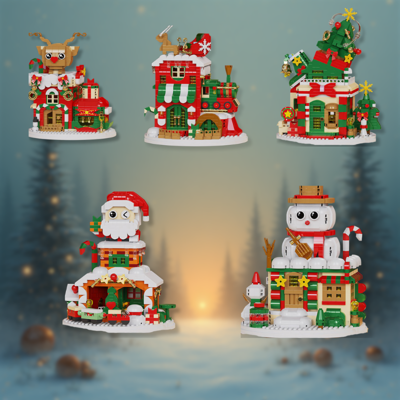 Close-up of a Christmas House building block set, 3D model for festive tabletop decoration