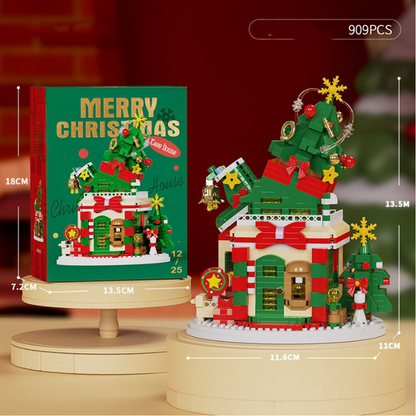 Kids playing with Christmas building blocks, creating festive holiday scenes for tabletop decor