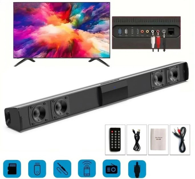 CineWave Wireless Bluetooth Soundbar for home theater. Features USB & FM radio. Delivers clear stereo sound.
