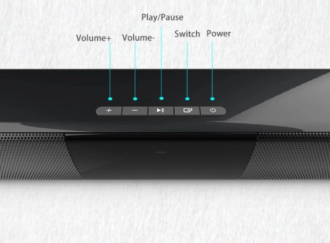 Portable CineWave wireless soundbar with Bluetooth connectivity for streaming audio, plus USB & FM radio.