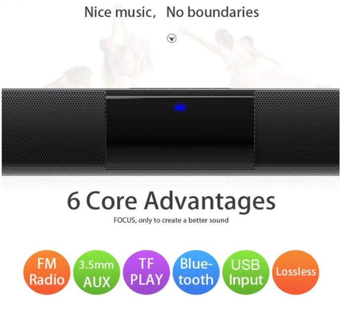 Complete CineWave wireless soundbar system with rich stereo sound. Bluetooth, FM radio, & USB playback.