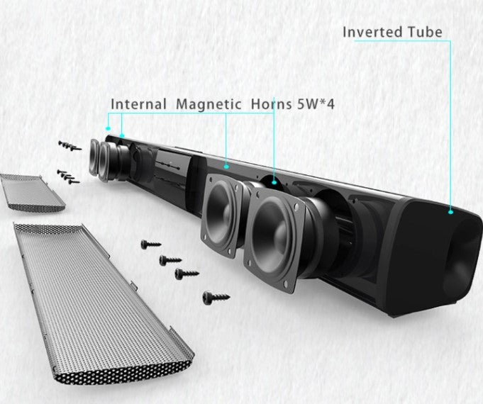 Sleek CineWave Bluetooth soundbar speaker system. Enjoy wireless audio, FM radio, & USB music. Perfect home audio.