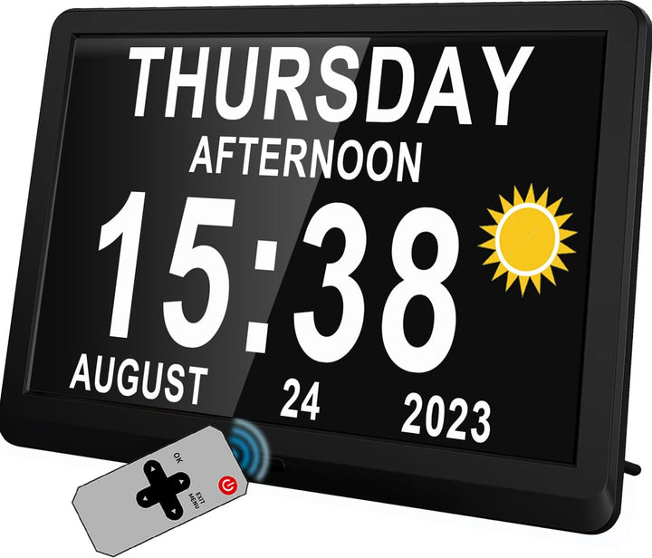 Claryon 11.5-inch digital day clock with large display & 19 daily reminders for senior care & memory support.