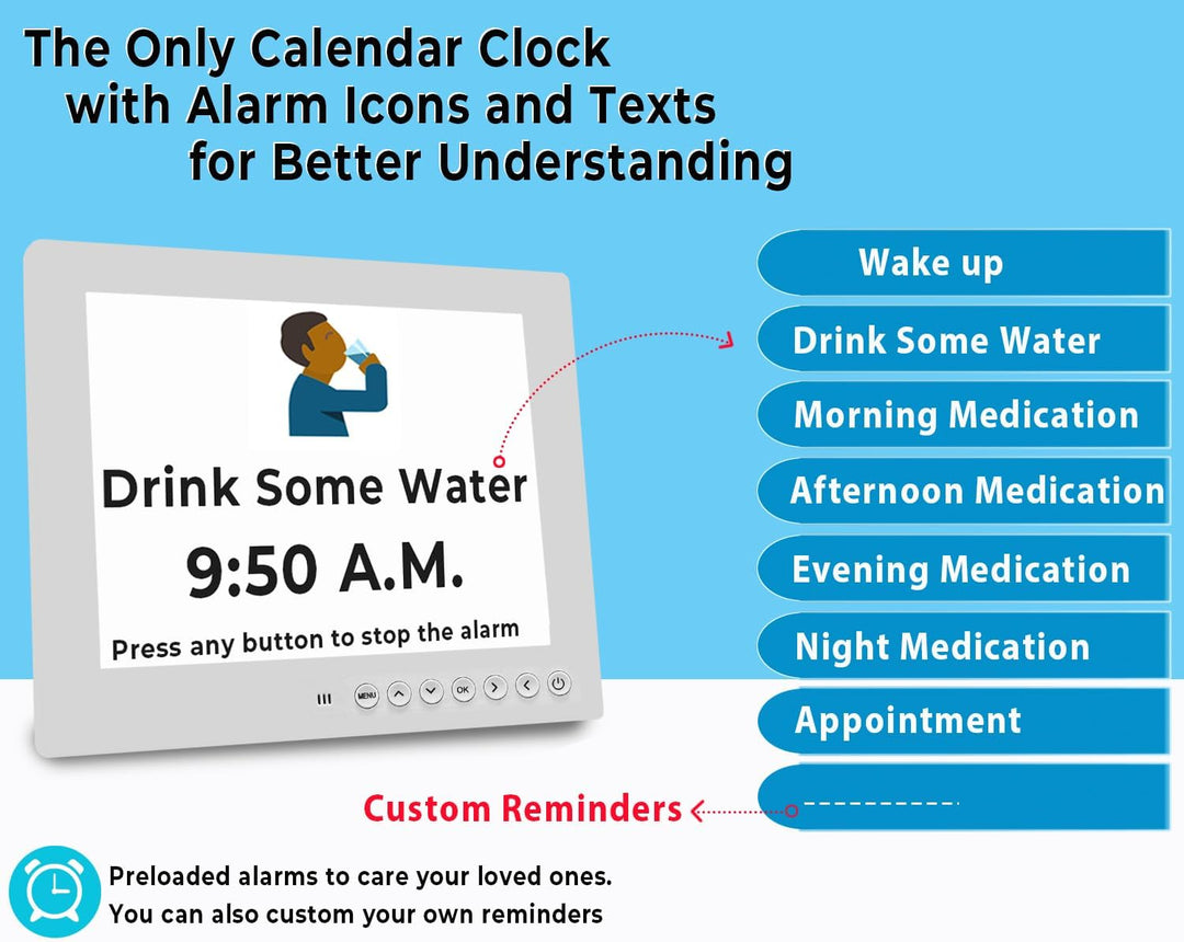 Versatile 11.5-inch digital day clock with 19 daily reminders. Large display for wall or table mount, senior care.