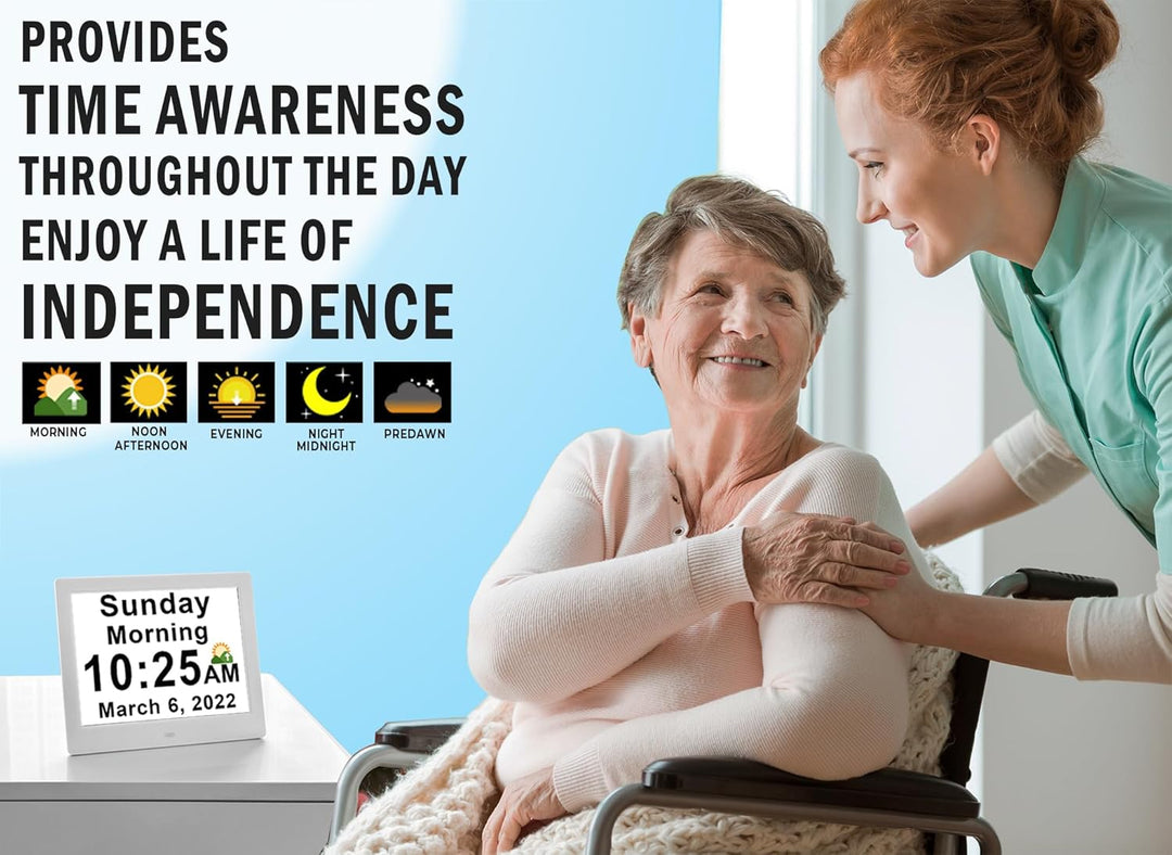 Advanced 11.5-inch digital day clock for seniors. Simple interface, large display & 19 customizable daily reminders.