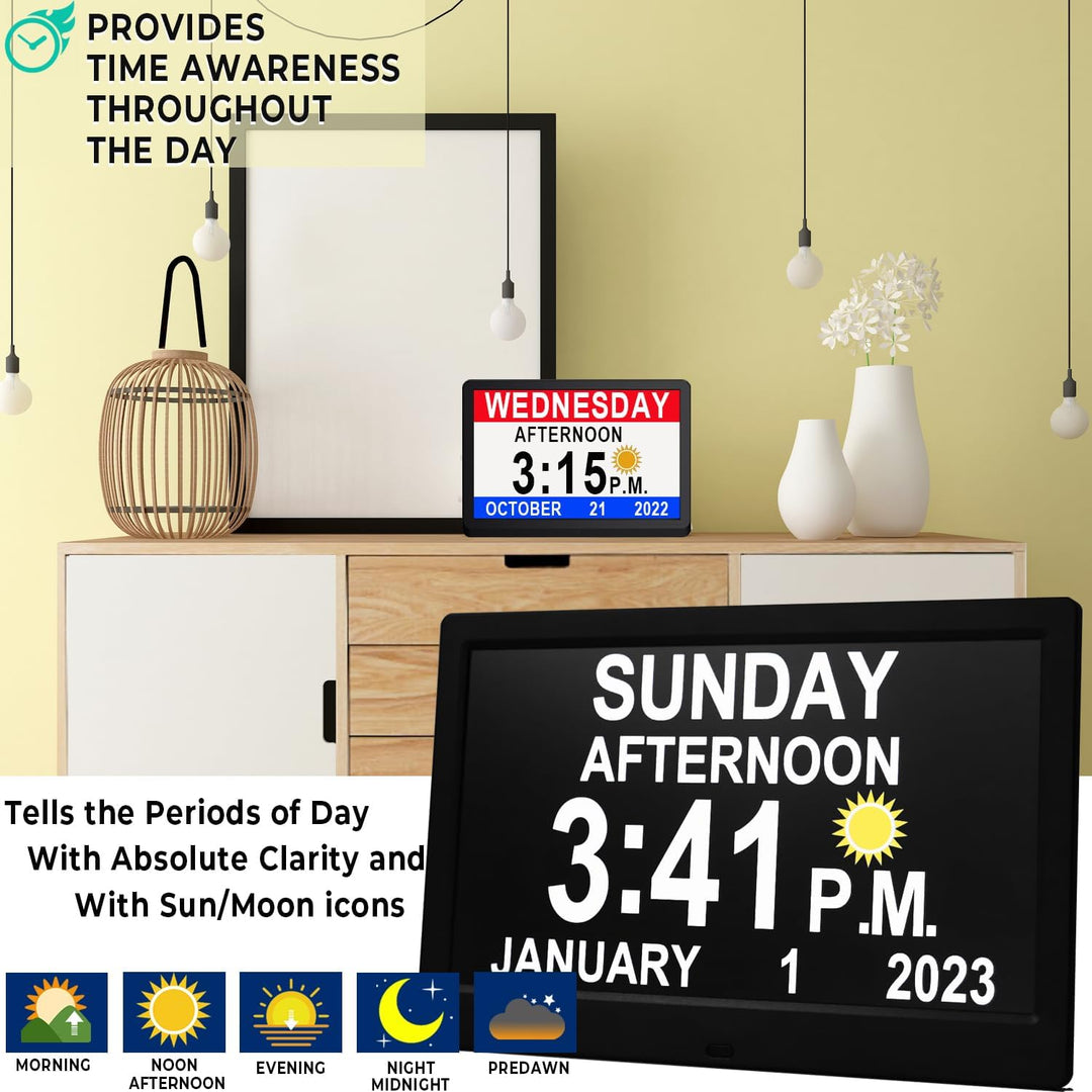Large display digital day clock, 11.5-inch, vision aid for elderly living, enhancing independence & daily planning.