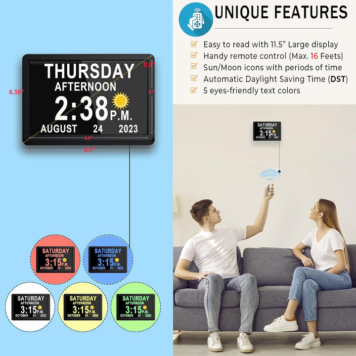 Digital calendar day clock, 19 reminders for memory support, daily planner & time management for seniors.