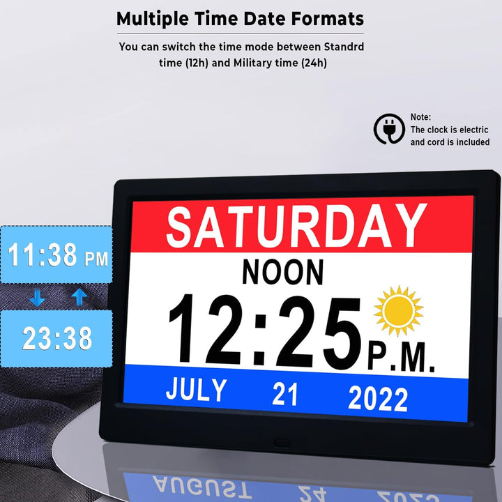 Claryon digital day clock, 11.5-inch, for senior care. Easy-to-read large display with 19 daily reminders.