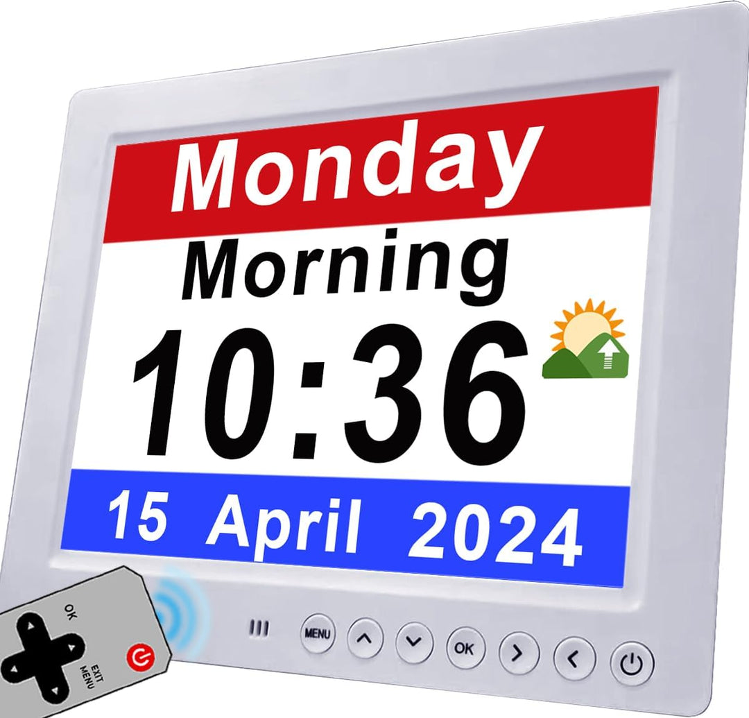 All-in-one 11.5-inch digital day clock for elderly living. 19 daily reminders & large display for daily tasks.