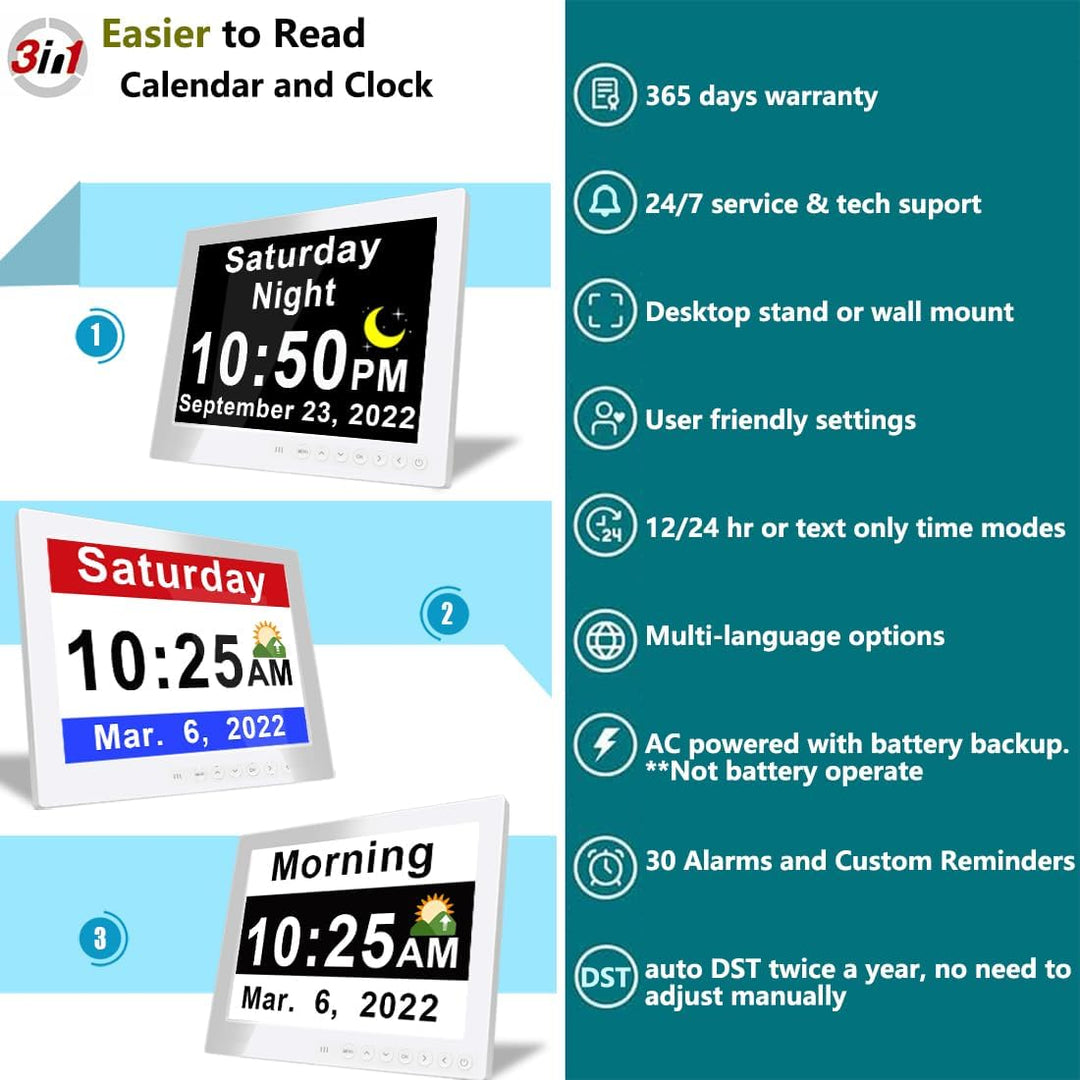 Useful gift for seniors: 11.5-inch digital day clock with 19 daily reminders, large display for easy reading.