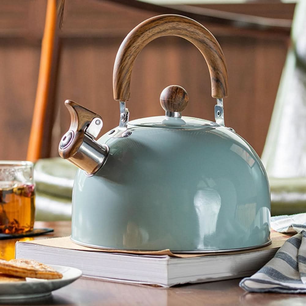 Classic 3-quart stainless steel whistling tea kettle for modern kitchens. Durable stovetop water boiler.