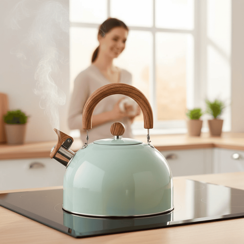 Modern 3-quart stainless steel whistling kettle for hot water, tea, and coffee preparation. Home essential.