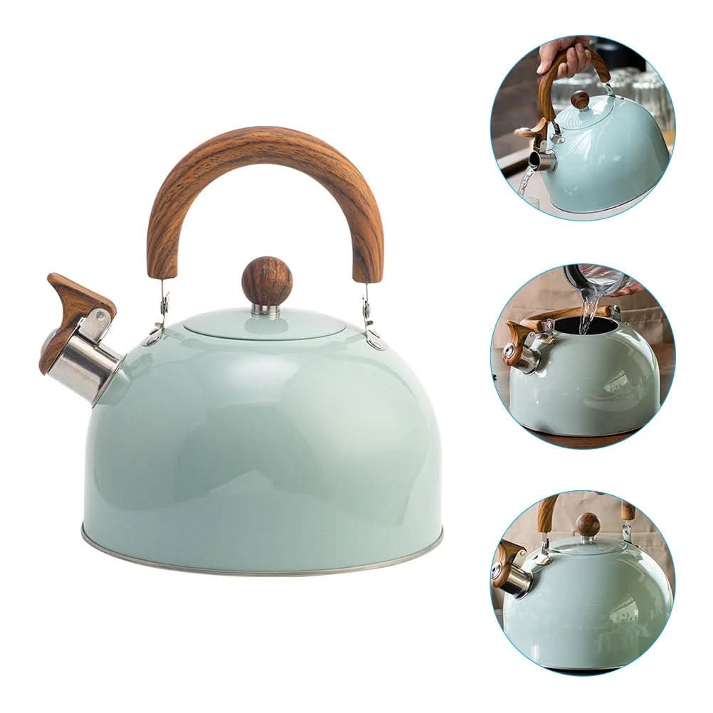 Sleek stainless steel 3-quart whistling tea kettle, designed for efficient boiling on any stovetop.