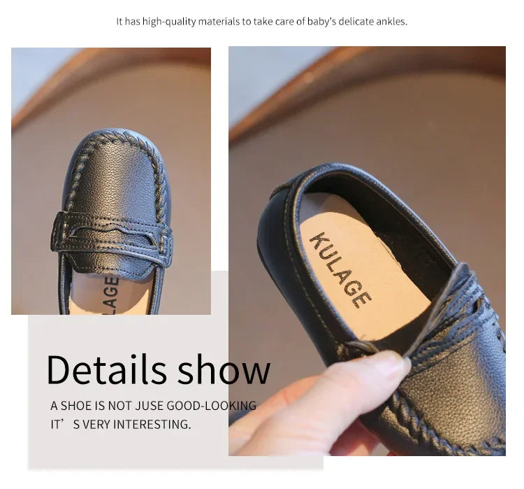High-shine black leather slip-on loafers for boys, ideal for smart school uniforms.