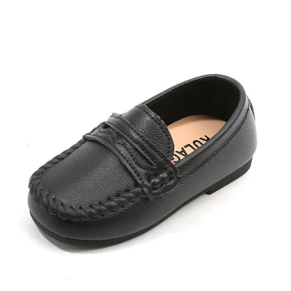 Hard-wearing black leather slip-on school loafers for boys, providing excellent support.