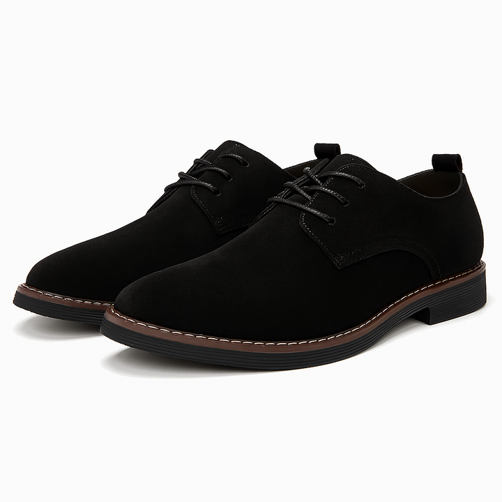 Classic black men's lace-up Derby shoes for formal wear & business attire. Elegant leather footwear.