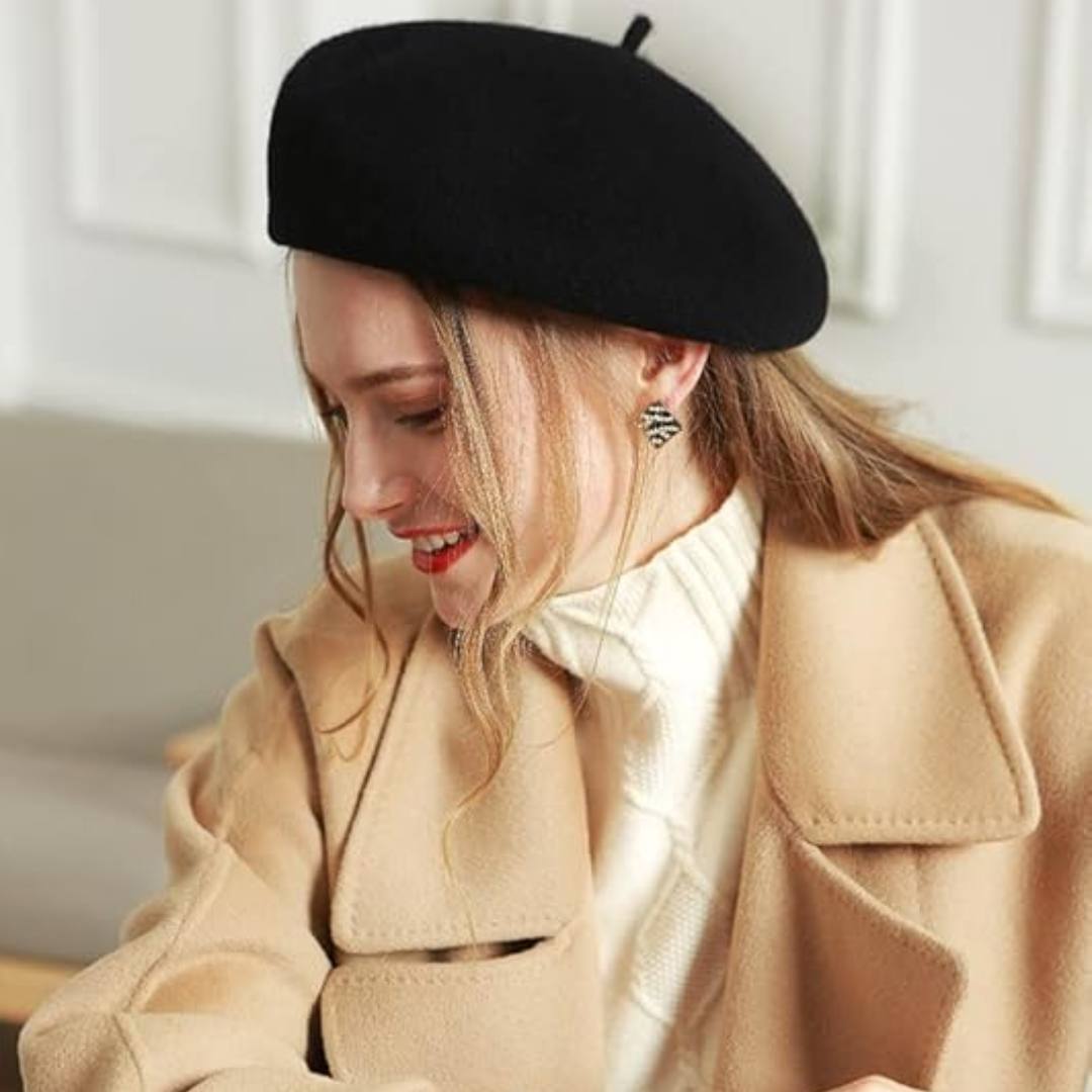 Stylish ladies beret in vibrant blue, a classic French accessory for winter fashion.