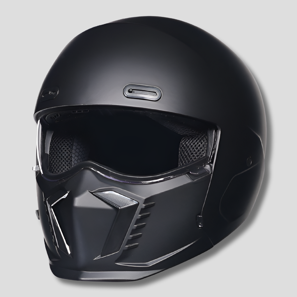 Rider wearing a classic full face motorcycle helmet, ready for the road. Secure & comfortable biker gear.