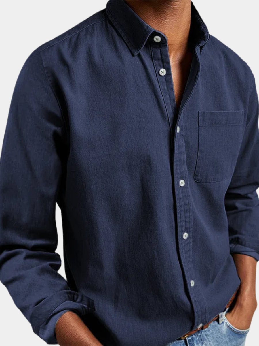 Classic men's denim-style long sleeve button shirt, a versatile top for casual everyday wear.