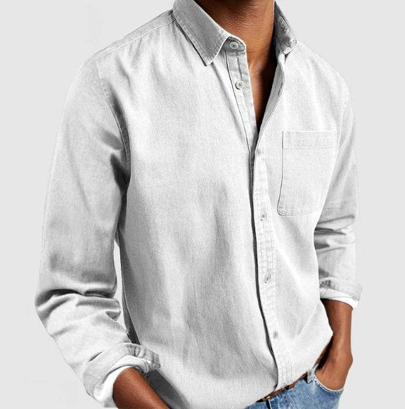 Men's long sleeve denim-style button shirt, essential for casual wear, layering & everyday style.