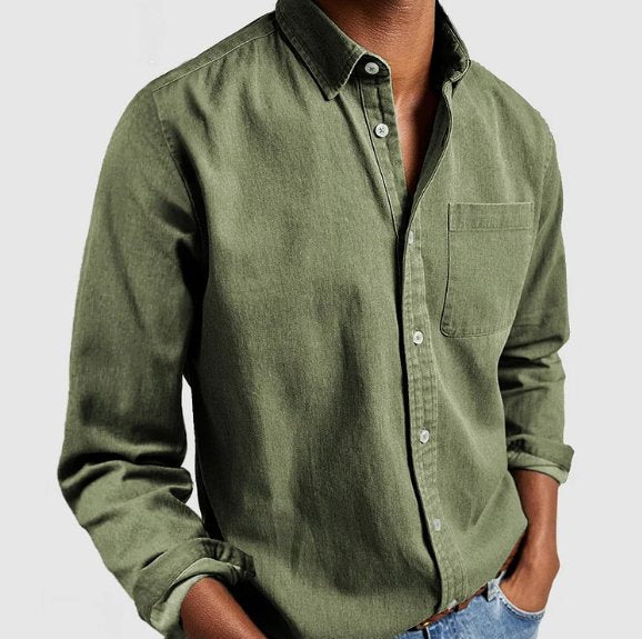 Stylish men's classic denim-style button shirt, a versatile long sleeve top for casual layering.