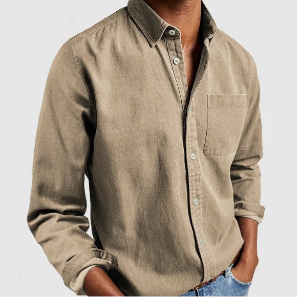 Men's denim-style long sleeve button shirt, great for casual wear, everyday style, and layering.